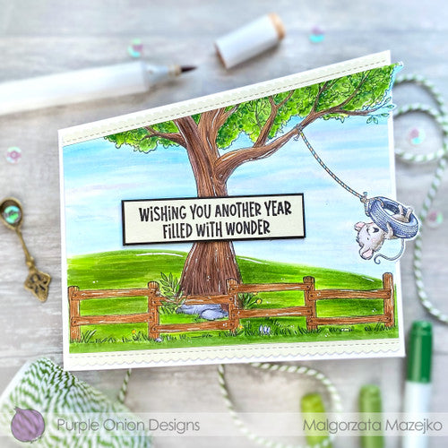 Purple Onion Designs Rustic Fence Unmounted Cling Stamp pod1384 swinging scene card