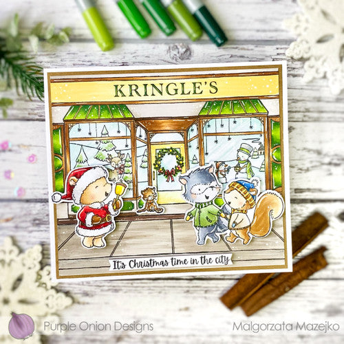 Purple Onion Designs Nick Cling Stamp pod1351 Christmas Store City Scene Card