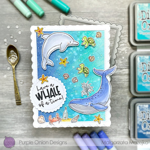 Purple Onion Designs Moby And Water Spout Cling Stamp pod1332 Dolphin And Whale Ocean Encouragement Card