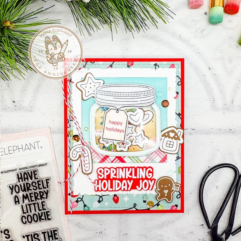 Mama Elephant Baking Spirits Bright Creative Cuts Steel Dies happy holidays card