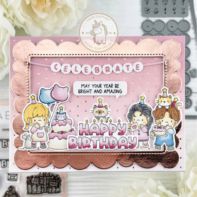 Mama Elephant Birthday Celebration Clear Stamp and Die Set celebrate with metallic frame