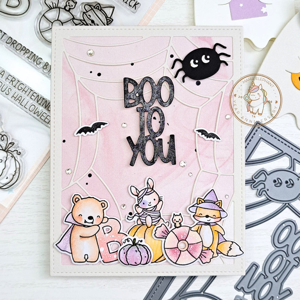 Mama Elephant Boo Crew Clear Stamp and Die Set spiderweb critters pumpkin halloween card