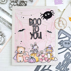 Mama Elephant Boo Crew Clear Stamps pink spiderweb critters pumpkins halloween card