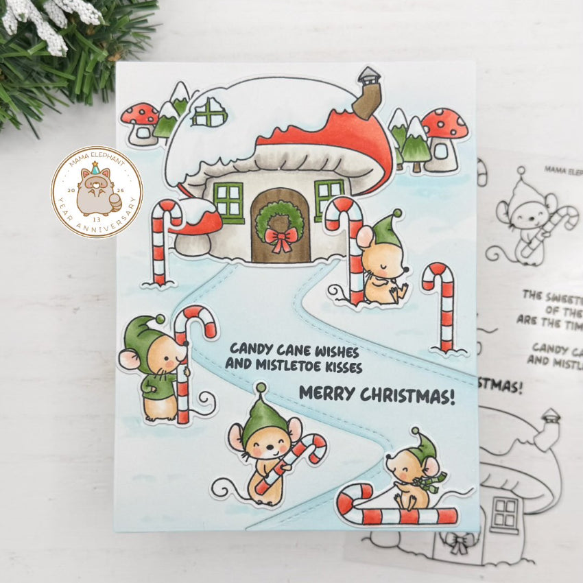 Mama Elephant Candy Cane Lane Clear Stamp and Die Set merry christmas