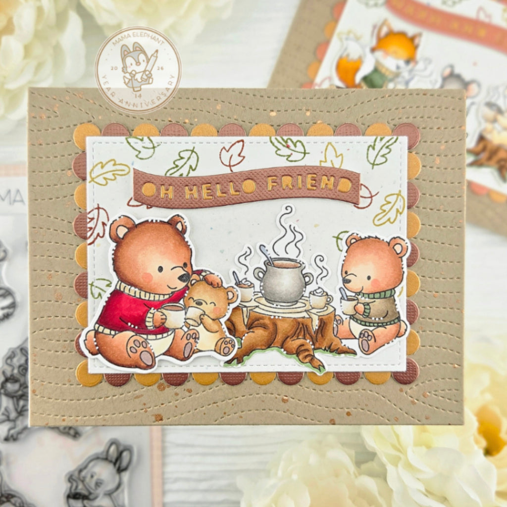 Mama Elephant Cup of Cheer Clear Stamp and Die Set bears hello friend card