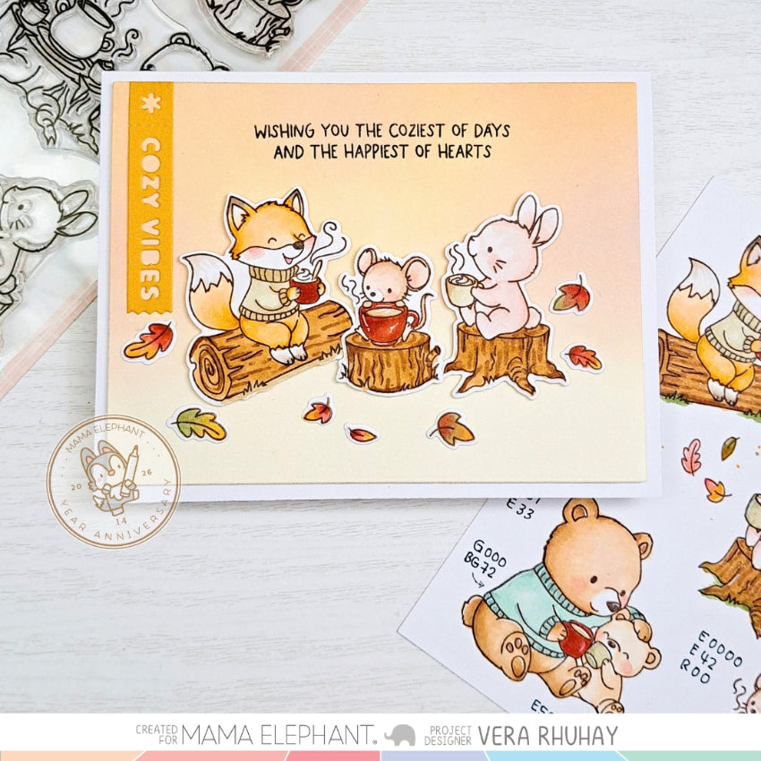 Mama Elephant Cup of Cheer Clear Stamp and Die Set cozy vibes cute critters card
