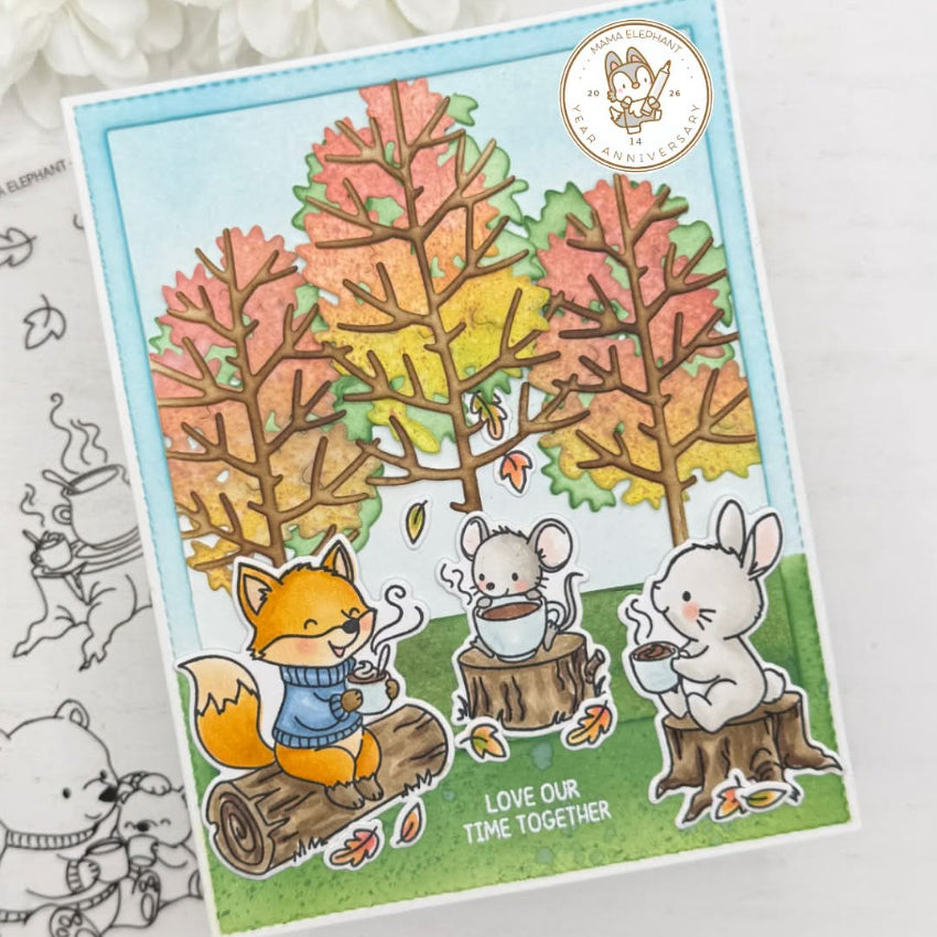 Mama Elephant Cup of Cheer Clear Stamps fall friends scene card