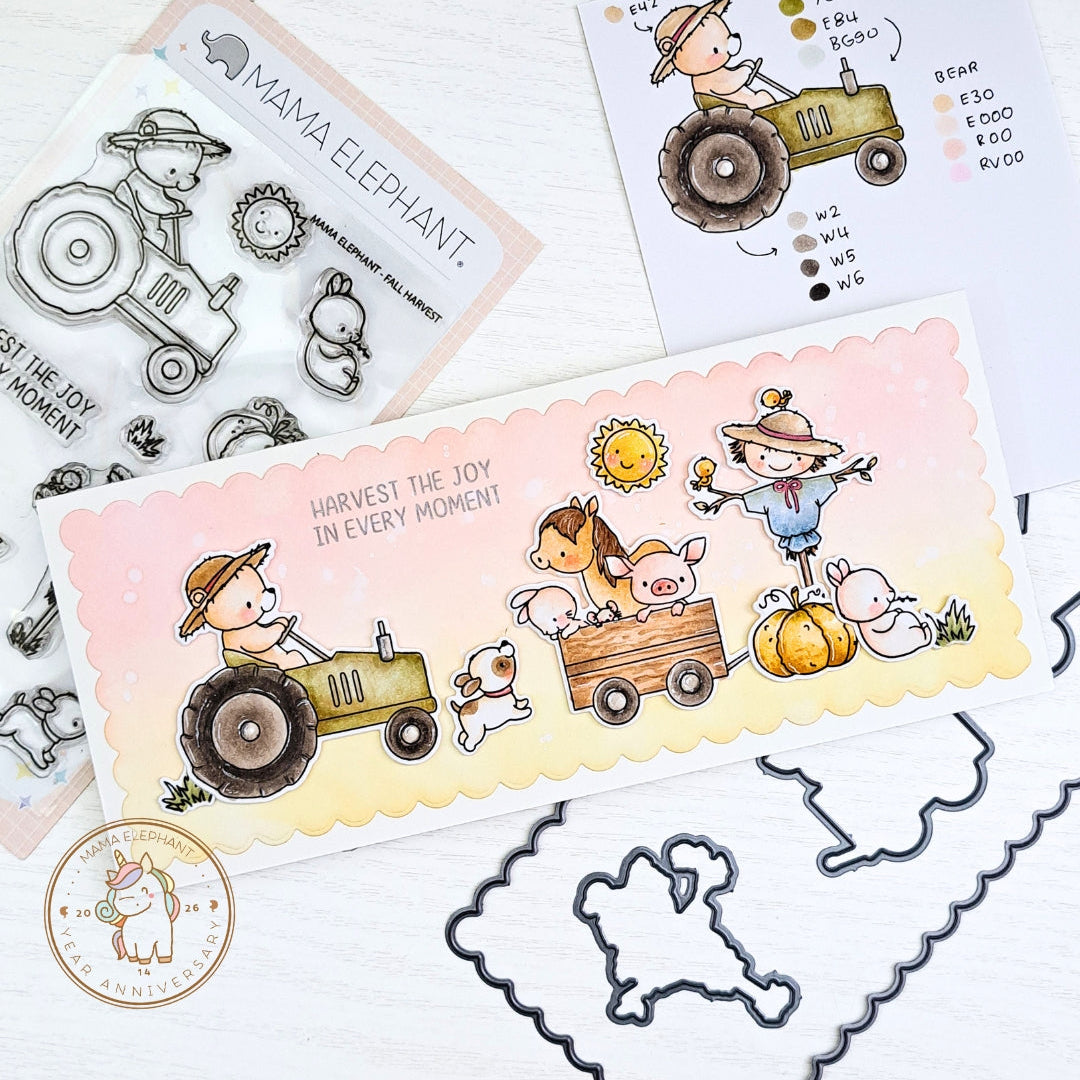 Mama Elephant Fall Harvest Clear Stamp and Die Set tractor farm animals dog joy card