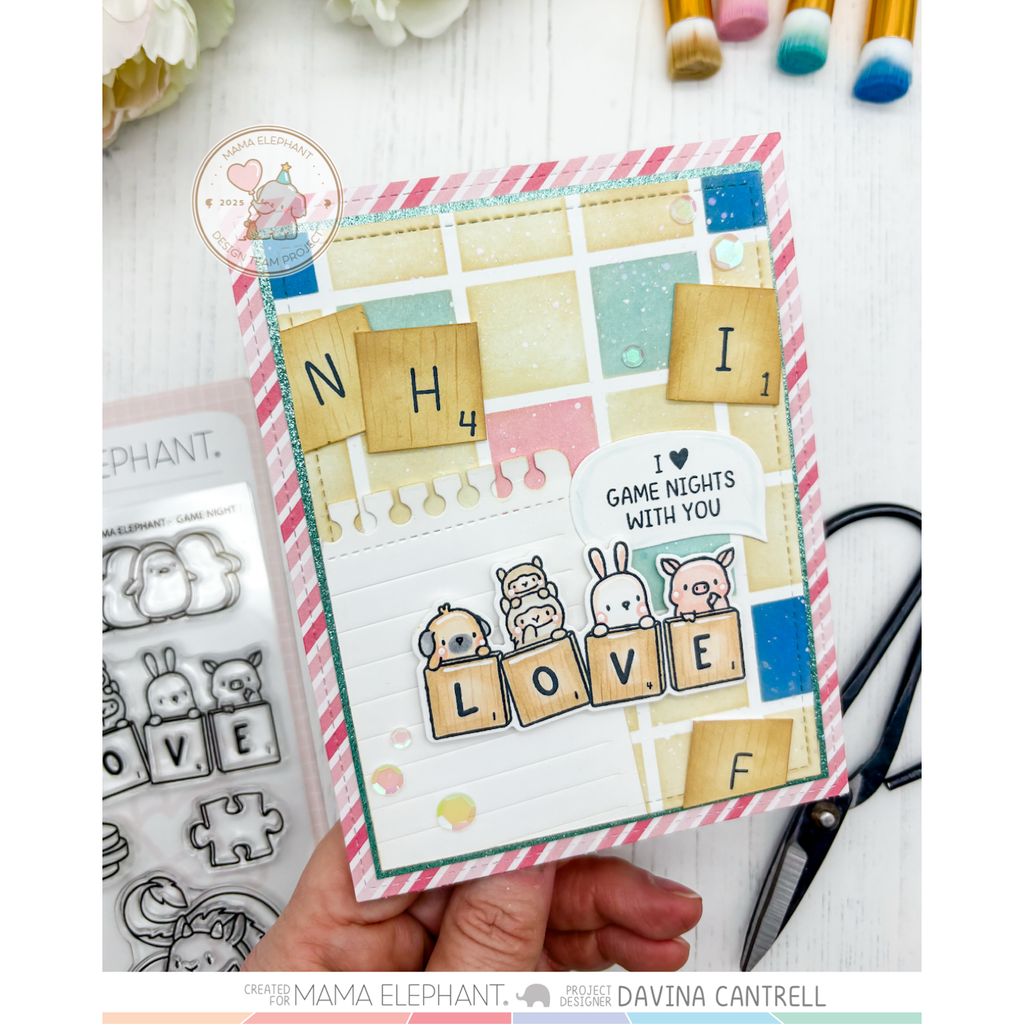 Mama Elephant Game Night Clear Stamp and Die Set word game