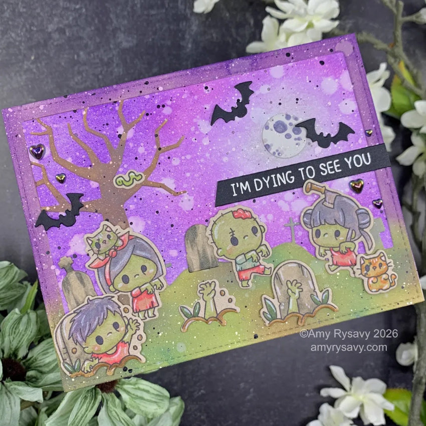 Mama Elephant Graveyard Bash Creative Cuts Steel Dies purple water splatter background card amy rysavy