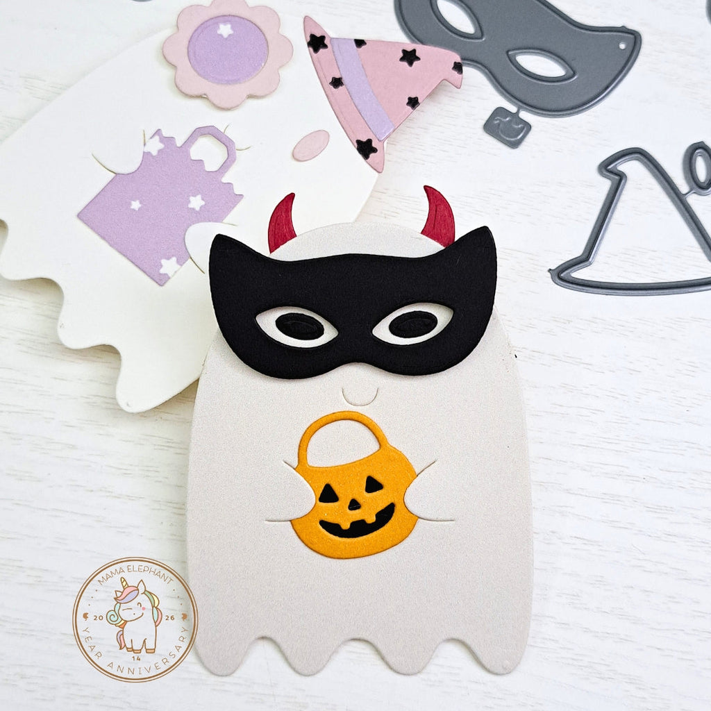 Mama Elephant Groovy Ghoul Creative Cuts Steel Dies devil ghost with pumpkin bucket tag