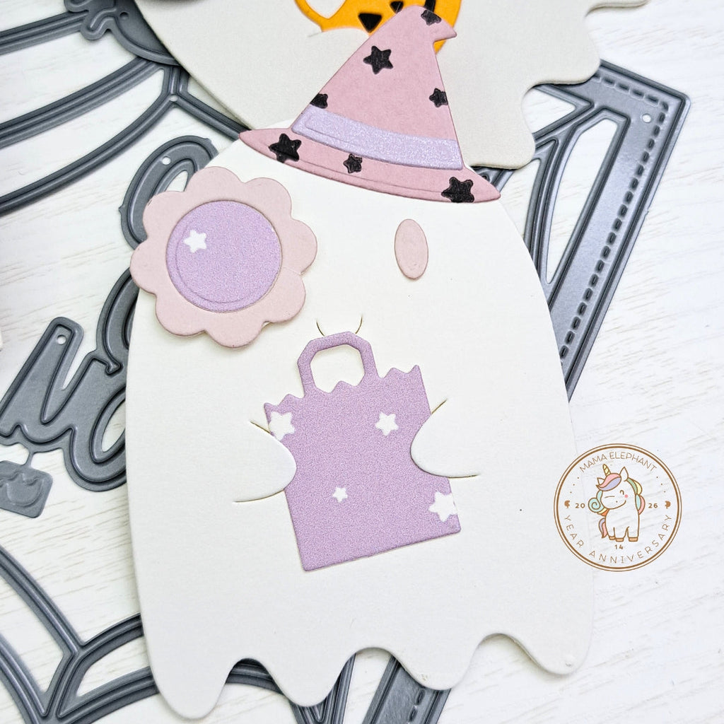 Mama Elephant Groovy Ghoul Creative Cuts Steel Dies purple witch hat with stars ghost tag