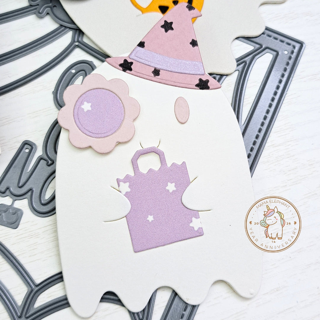Mama Elephant Groovy Ghoul Creative Cuts Steel Dies purple witch hat with stars ghost tag