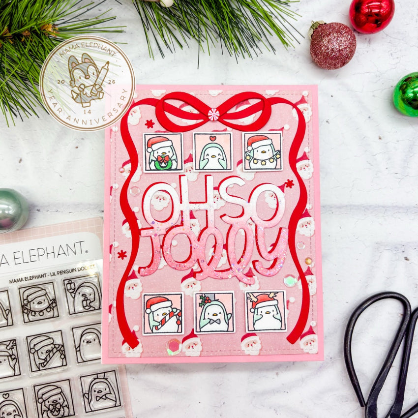 Mama Elephant LIl Penguin Docket Clear Stamps oh so jolly red bow card