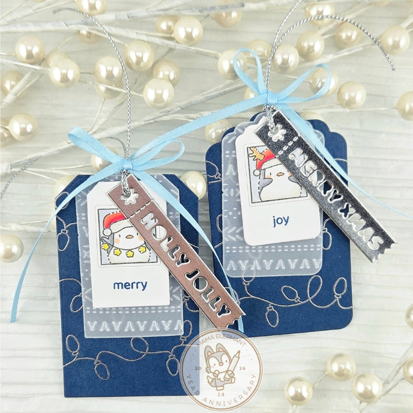 Mama Elephant LIl Penguin Docket Clear Stamps silver lights merry christmas tags