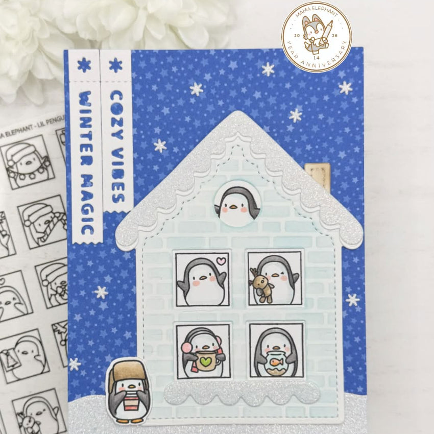 Mama Elephant LIl Penguin Docket Clear Stamps winter magic blue stars background card