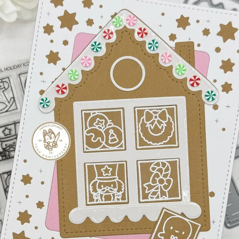 Mama Elephant Lil Holiday Icon Docket Clear Stamps gingerbread house card