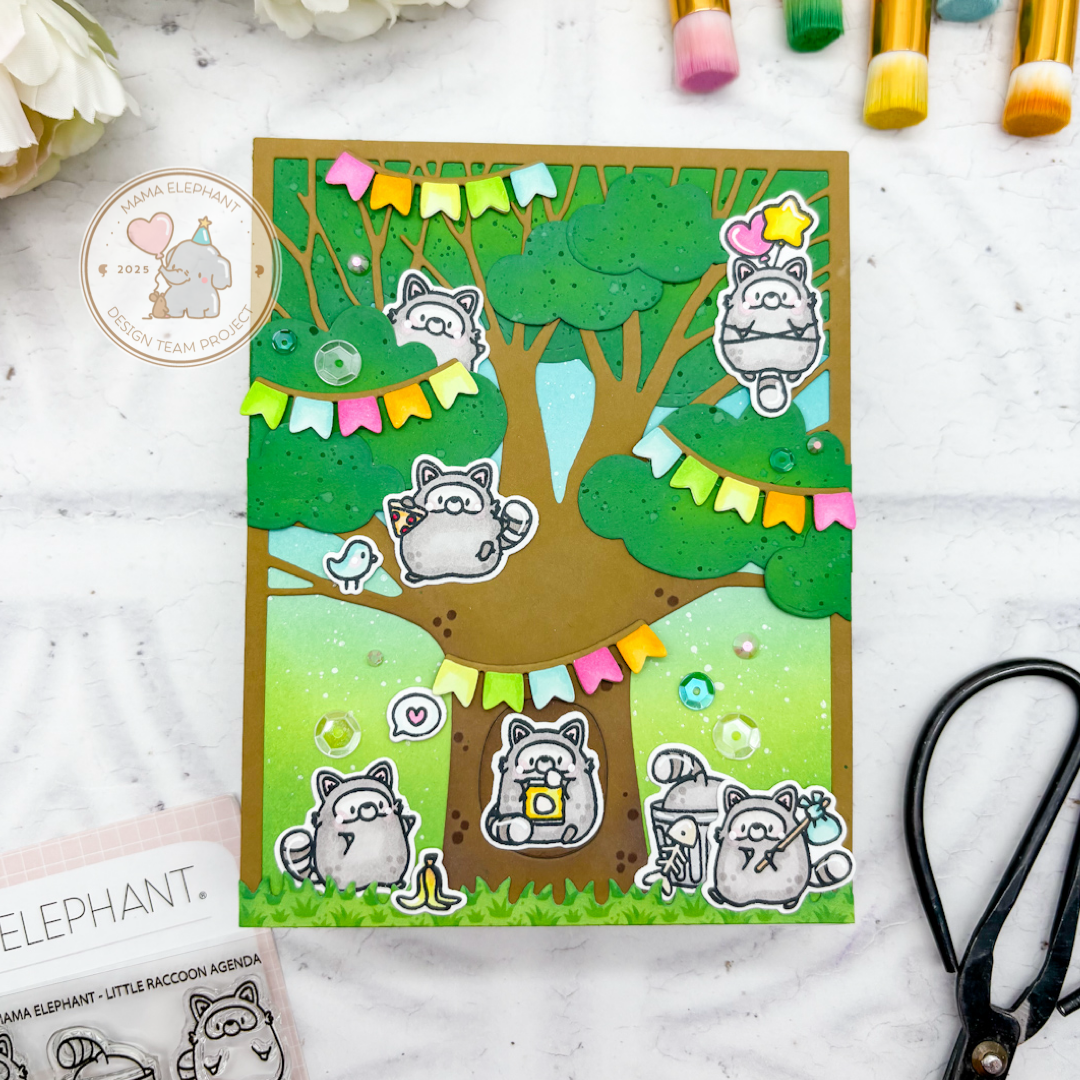 Mama Elephant Little Racoon Agenda Clear Stamp and Die Set party tree