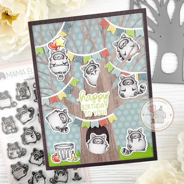 Mama Elephant Little Racoon Agenda Clear Stamps happy birthday