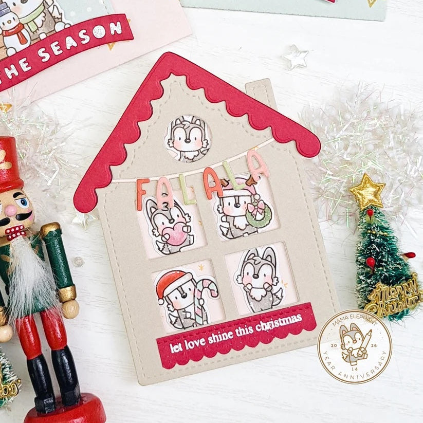 Mama Elephant Little Wolf Agenda Creative Cuts Steel Dies red trimmed house christmas card