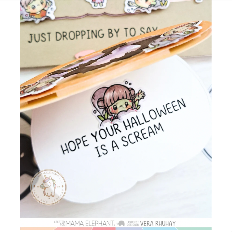 Mama Elephant Little Zombie Agenda Clear Stamp and Die Set inside of pumpkin card