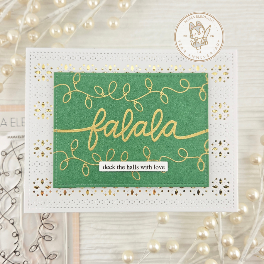Mama Elephant Long Holiday Clear Stamp and Die Set deck the halls with love card