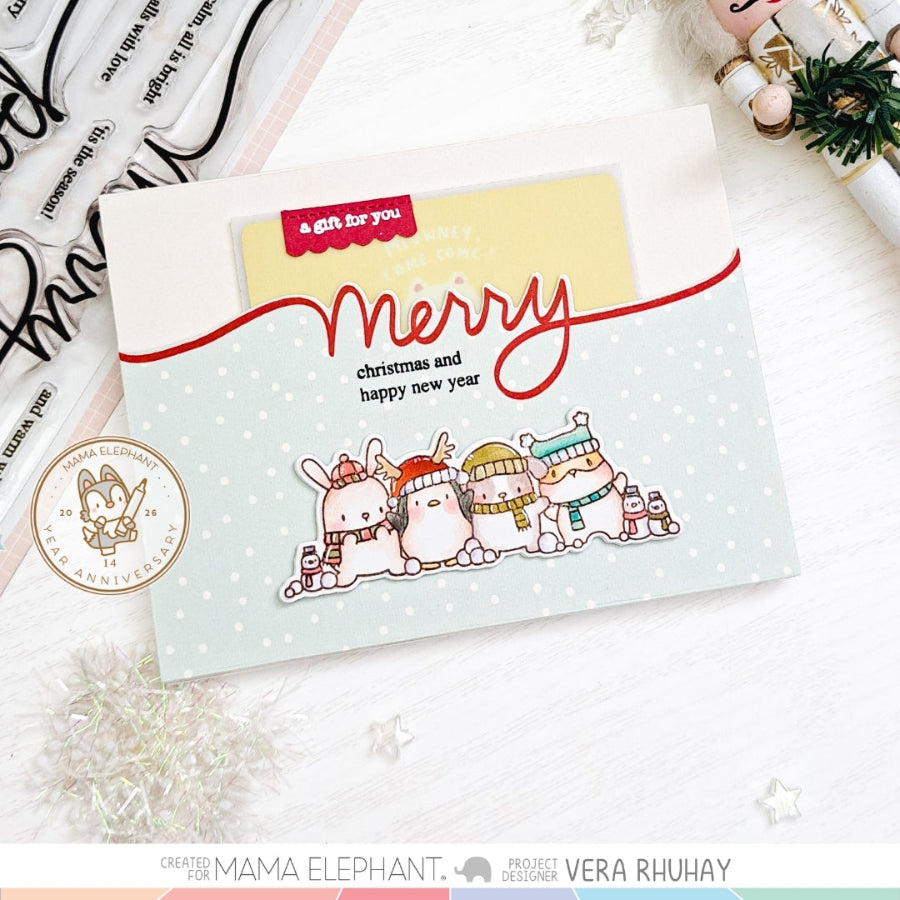 Mama Elephant Long Holiday Clear Stamp and Die Set merry christmas card