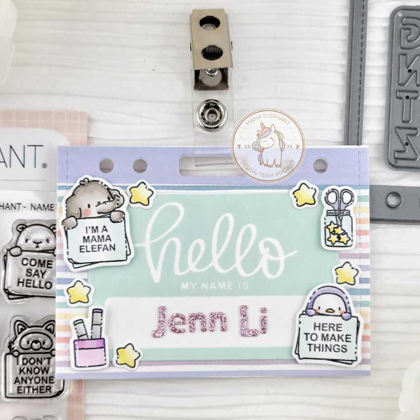 Mama Elephant Name Tag Clear Stamp and Die Set yellow stars