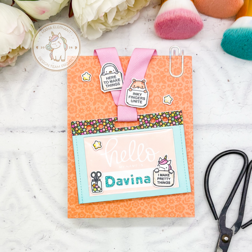 Mama Elephant Name Tag Clear Stamps orange flower background