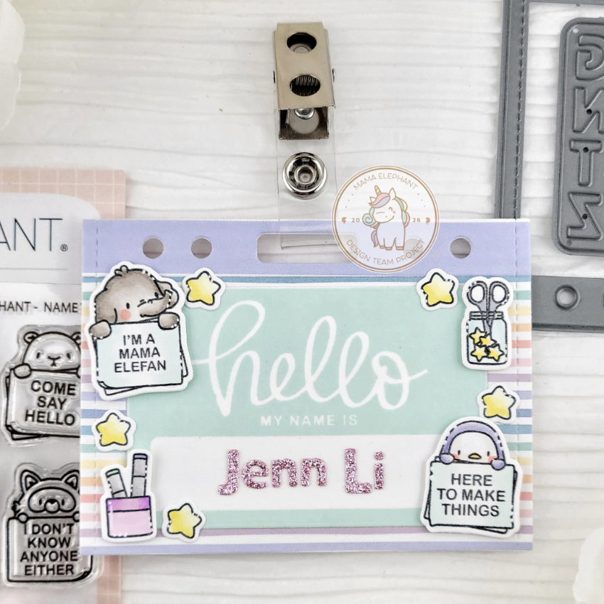 Mama Elephant Name Tag Clear Stamps yellow stars