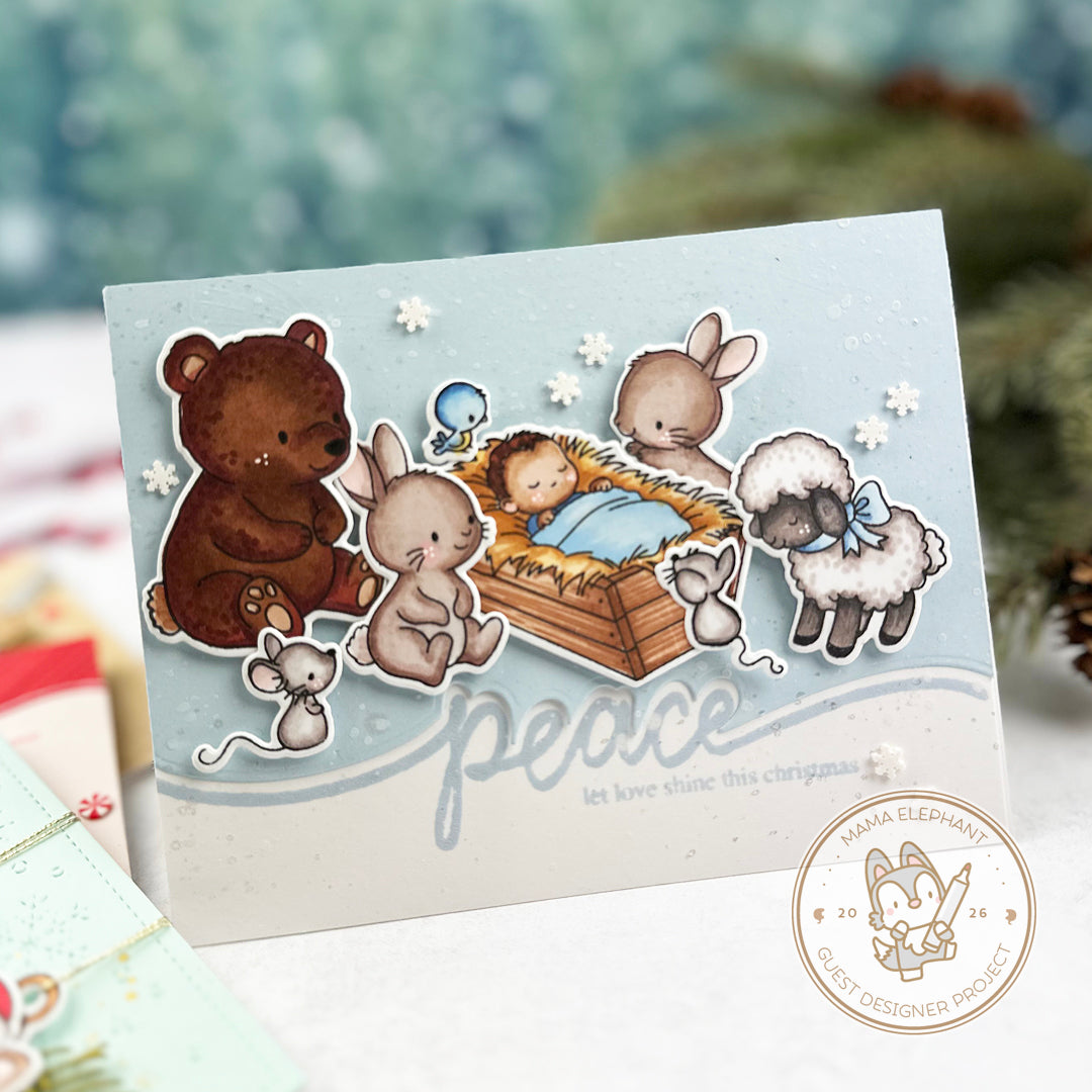 Mama Elephant Nativity Scene Clear Stamp and Die Set peace snowflakes card | color-code:ALT01
