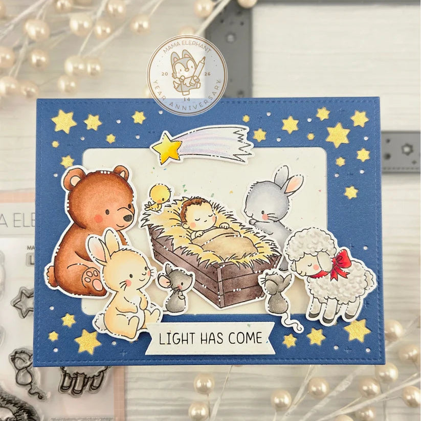 Mama Elephant Nativity Scene Clear Stamps yellow stars card
