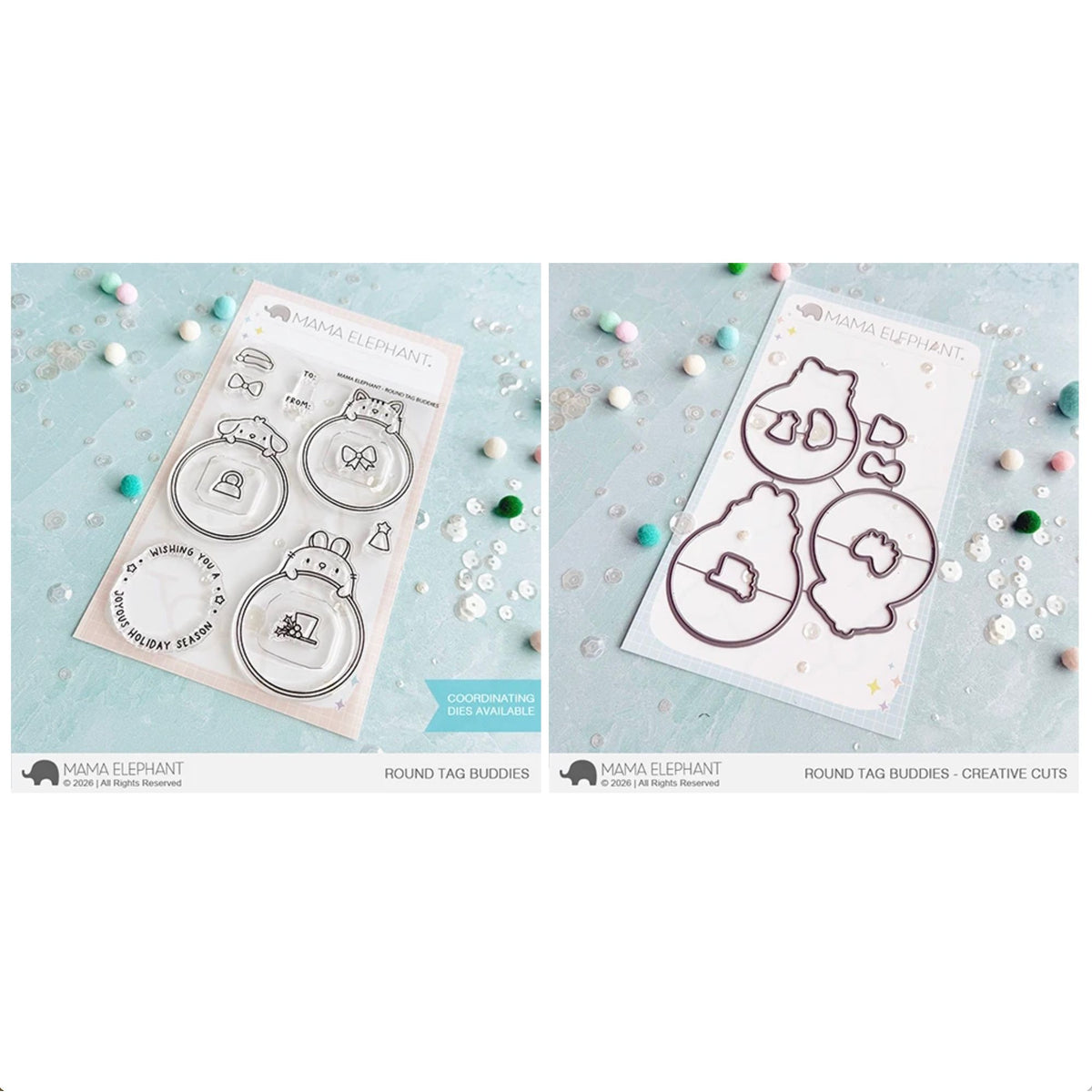 Mama Elephant Round Tag Buddies Clear Stamp and Die Set