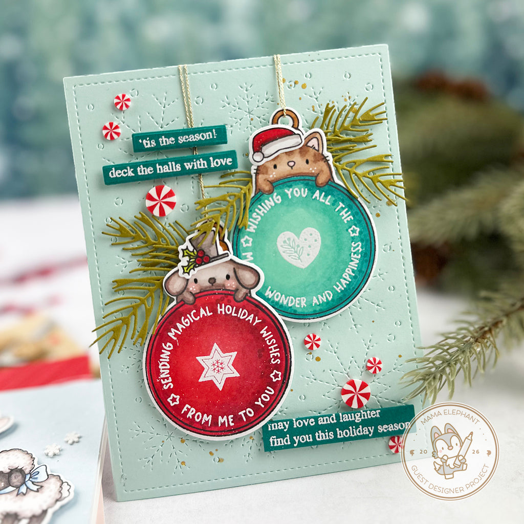 Mama Elephant Round Tag Buddies Clear Stamps deck the halls with love card | color-code:ALT01