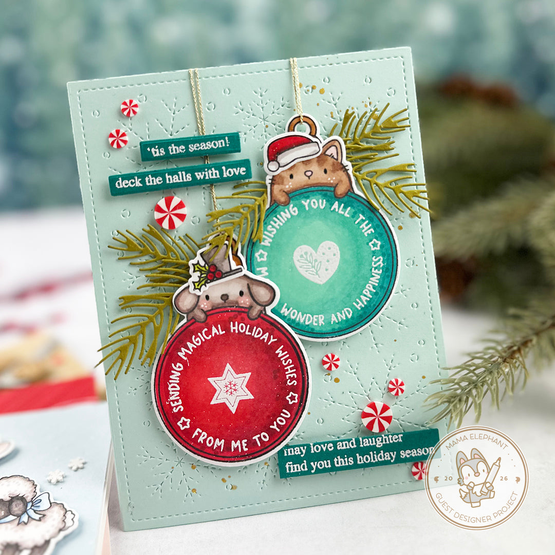 Mama Elephant Round Tag Buddies Clear Stamps deck the halls with love card | color-code:ALT01