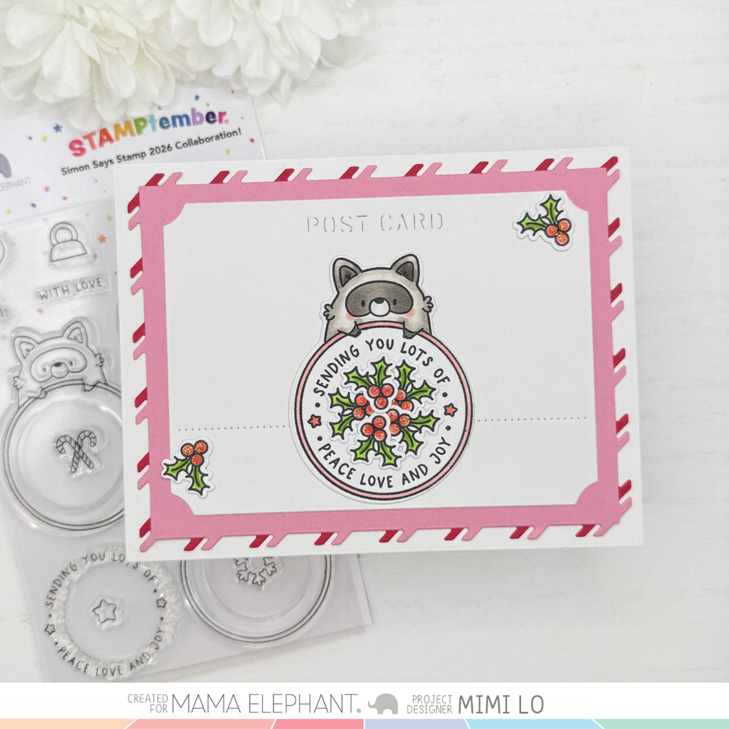 Mama Elephant Round Tag Friends STAMPtember Exclusive Stamps And Dies Cute Holiday Card Raccoon