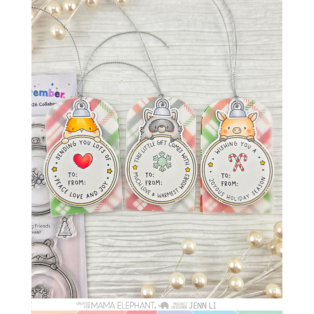 Mama Elephant Round Tag Friends STAMPtember Exclusive Stamps And Dies Cute Holiday Tags with Plaid