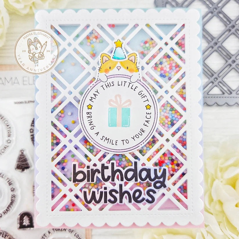 Mama Elephant Round Tag Sentiments Clear Stamps birthday wishes shaker card