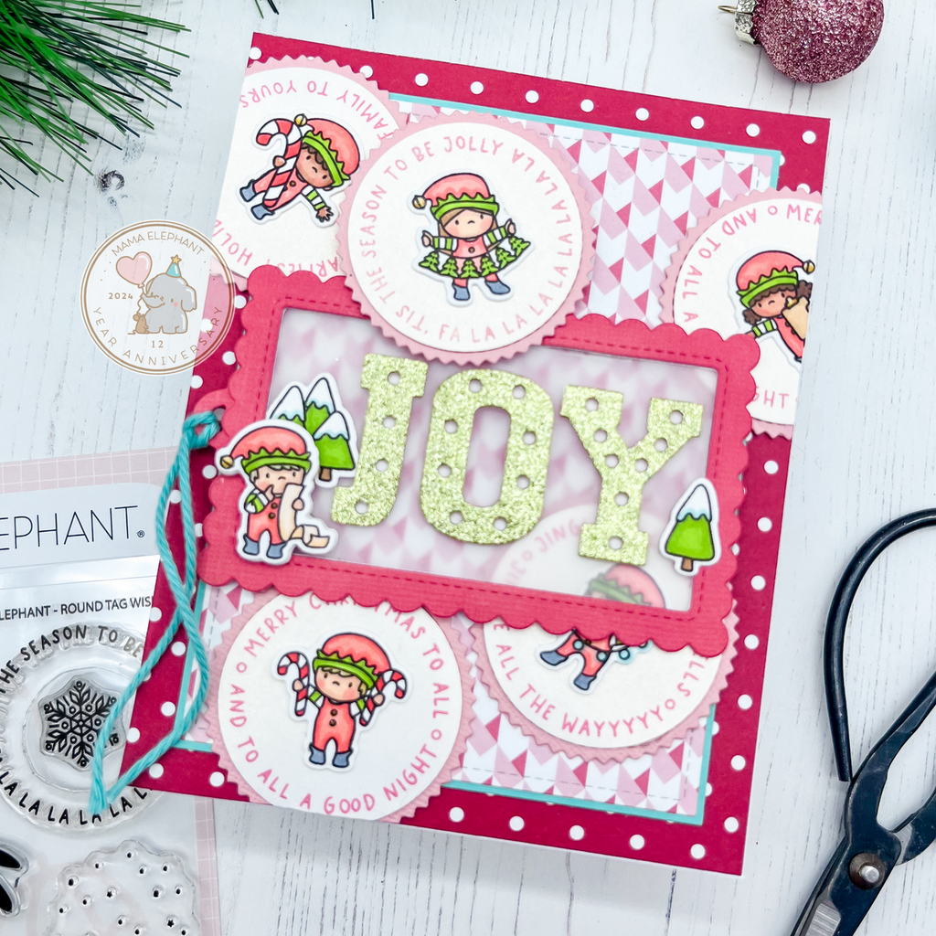 Mama Elephant Round Tag Wishes Clear Stamp and Die Set elf