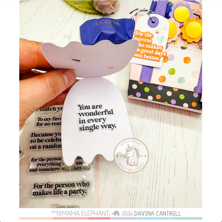 Mama Elephant Still Smiling Clear Stamps polka dots flowers bag ghost shaped card