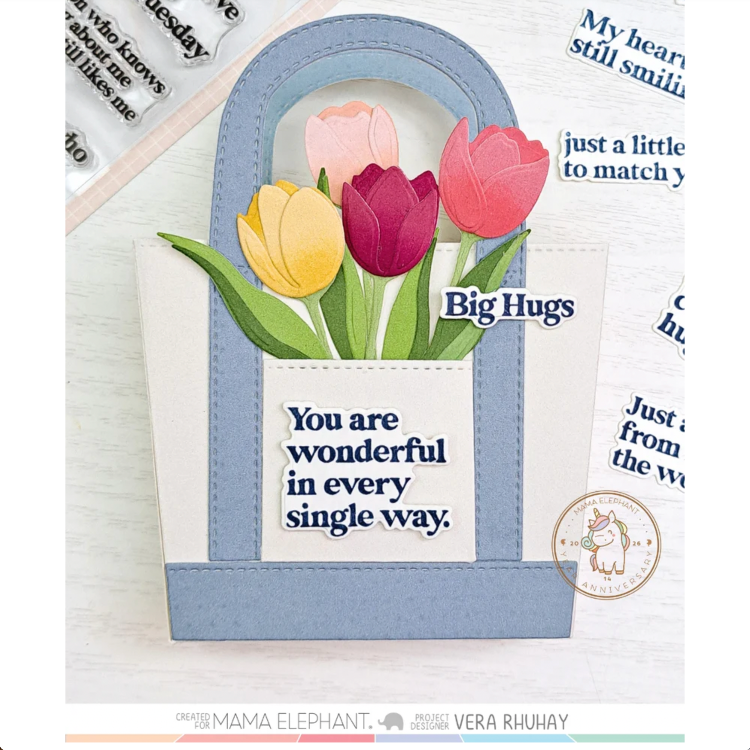 Mama Elephant Still Smiling Creative Cuts Steel Dies colorful tulips big hugs bag