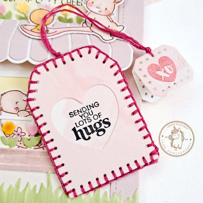 Mama Elephant Stitched Tea Tags Creative Cuts Steel Dies lots of hugs