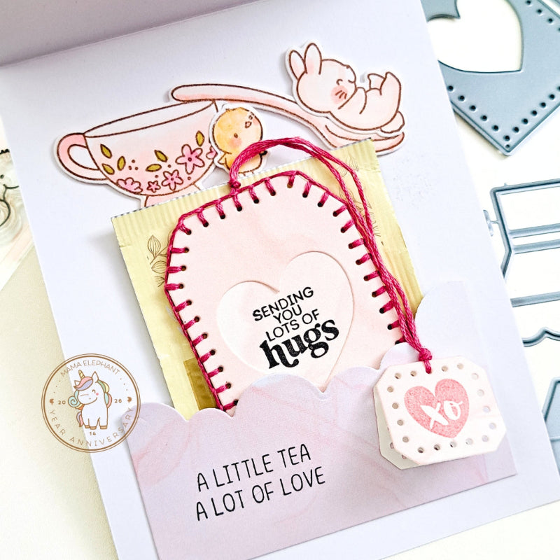 Mama Elephant Stitched Tea Tags Creative Cuts Steel Dies pink thread
