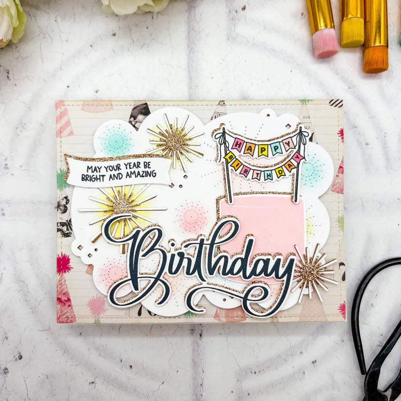 Mama Elephant Swashy Birthday Clear Stamp and Die Set sparkles