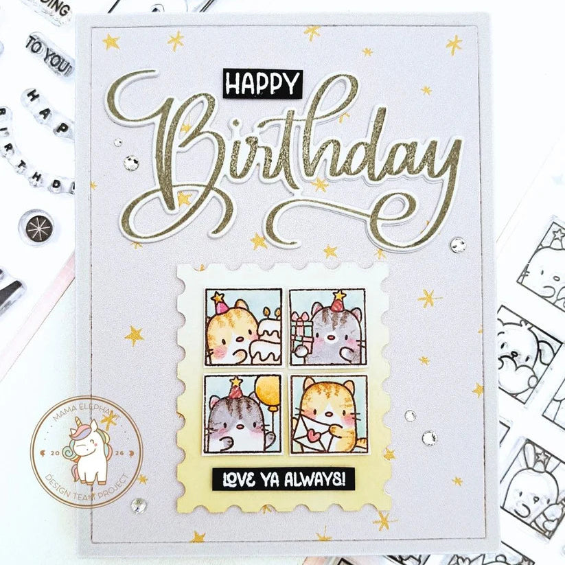 Mama Elephant Swashy Birthday Clear Stamp and Die Set starry background