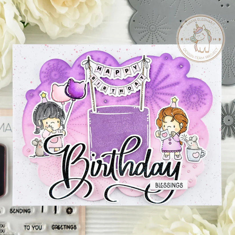 Mama Elephant Swashy Birthday Clear Stamps purple background