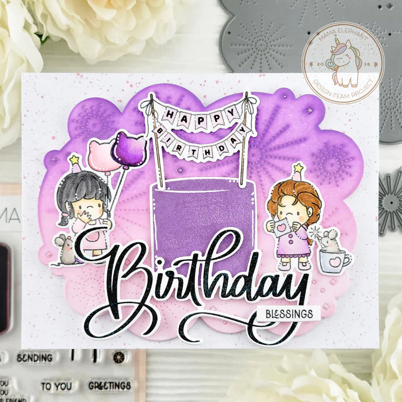 Mama Elephant Swashy Birthday Creative Cuts Steel Dies purple background