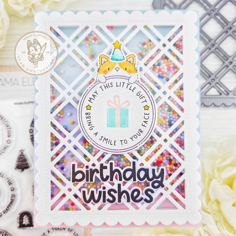 Mama Elephant Waffle Weave Frame Creative Cuts Steel Die birthday wishes shaker card