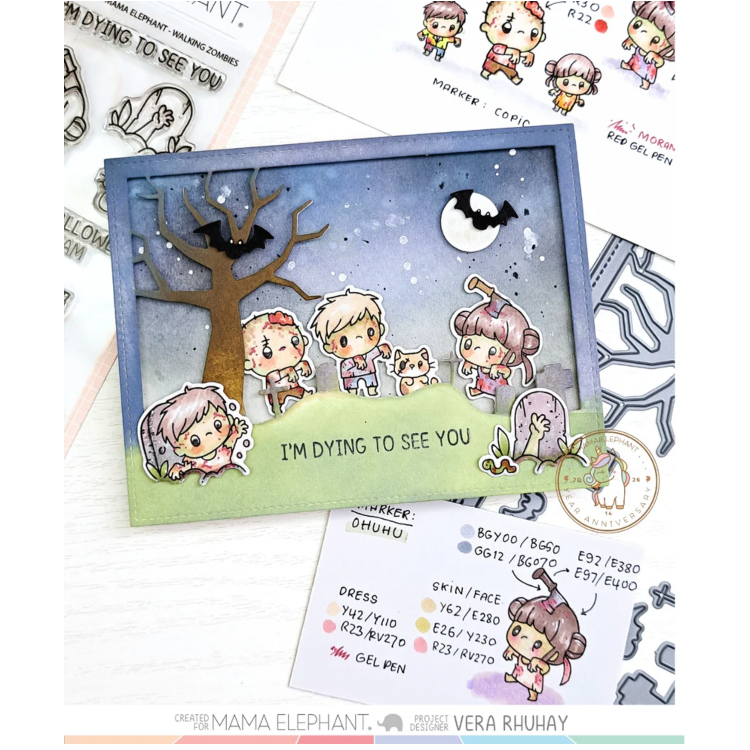 Mama Elephant Walking Zombies Clear Stamp and Die Set full moon spooky tree card
