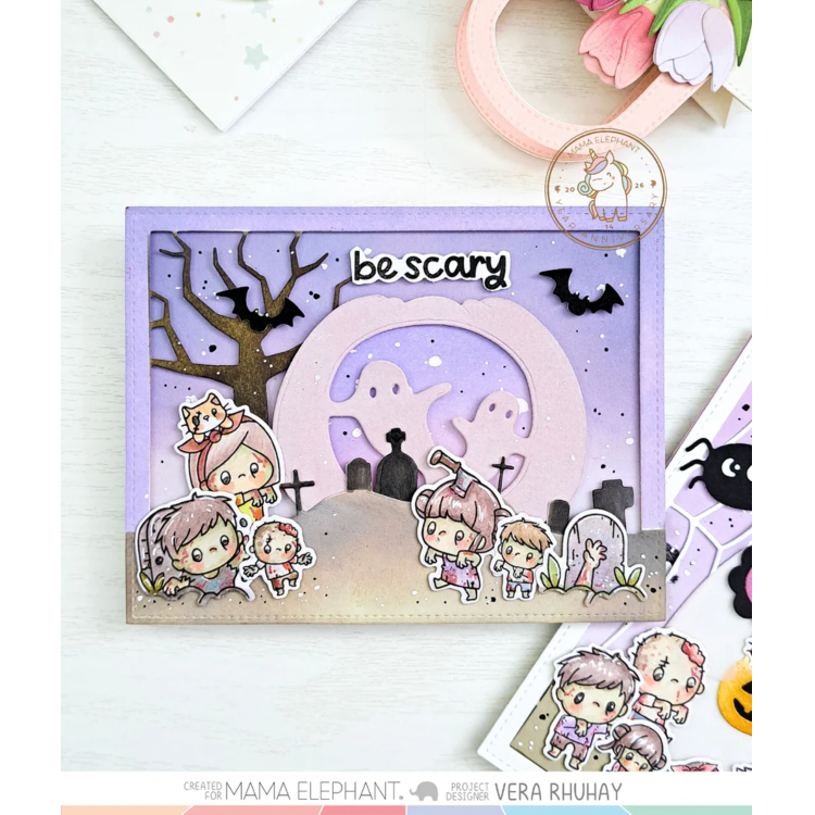 Mama Elephant Walking Zombies Clear Stamp and Die Set pink ghosts bats halloween card